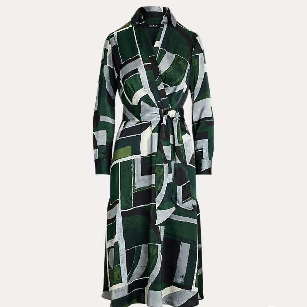 Lauren Ralph Lauren Green Black White Geometric Long Sleeve Wrap Dress